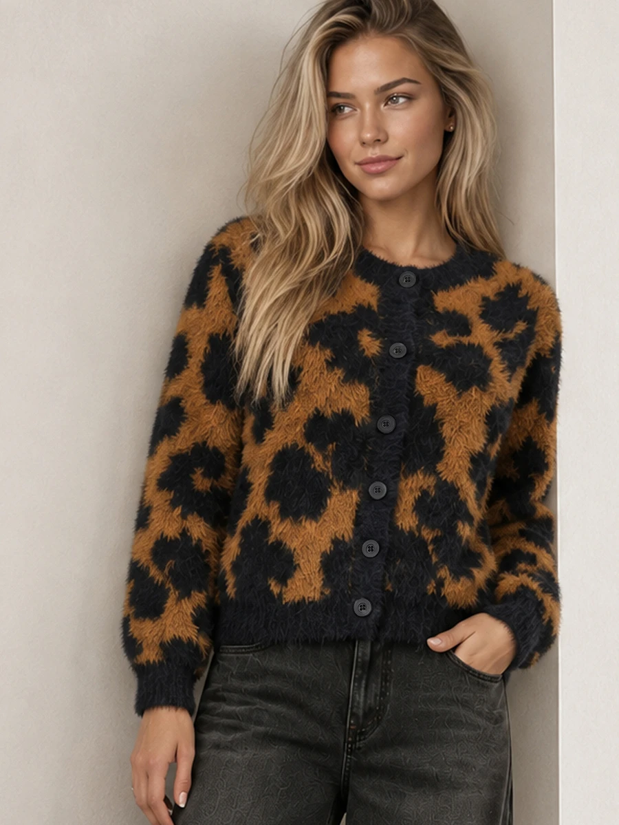 ELLERISSA Brown And Black Leopard Animal Jacquard Fluffy Round Neck Button Front Knit Fall Cardigan - Brown - View 1