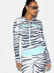 SUMWON WOMEN Zebra Print Cropped Zip-Up Hoodie With Long Sleeves Fitted Silhouette And Aqua Applique Chest Detail - Multicolor - View 4