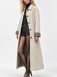 Zerodot Women Beige Plaid Check Cuff Detail Button Front Long Trench Coat Daily Fall Winter Layering - Khaki - View 3