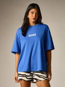 AiiRZ Logo Oversized Boxy Crew Neck Short Sleeve T-Shirt Casual Streetwear Drop Shoulder Relaxed Fit Everyday Top - Royal Blue - View 1