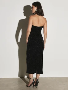 KSTM Strapless Velvet Rhinestone Embellished Bodycon Midaxi Dress With Deep Plunge Sweetheart Neckline And Ruched Waist Detail Party - Black - View 2