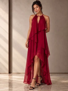 ELLERISSA Fiery Red Halter Neck High Low Chiffon Layered Maxi Party Dress - Fiery Red - View 6