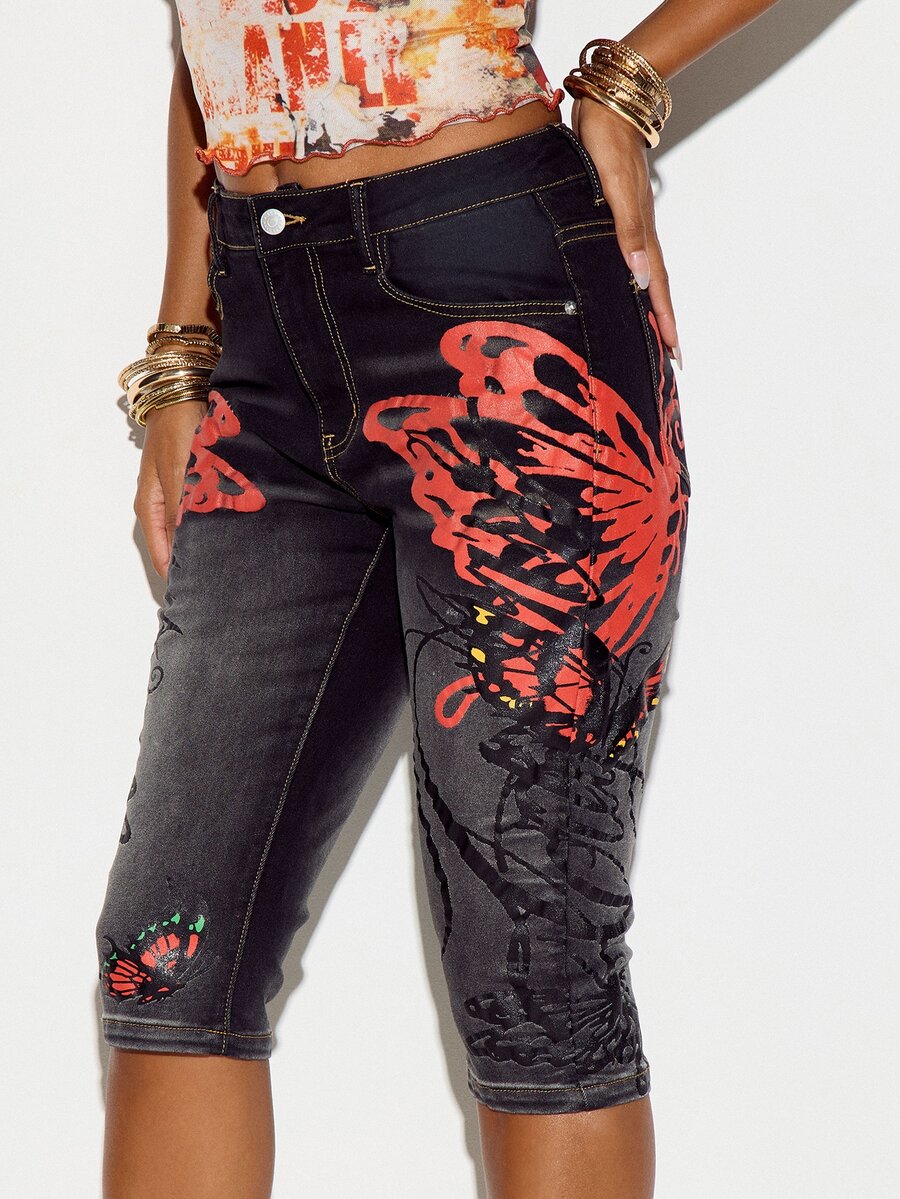 SUMWON WOMEN Dark Wash Denim Capri Shorts With Oversized Butterfly And Floral Applique Print Mid Rise Fitted Below Knee Length Streetwear Style - Black - View 1