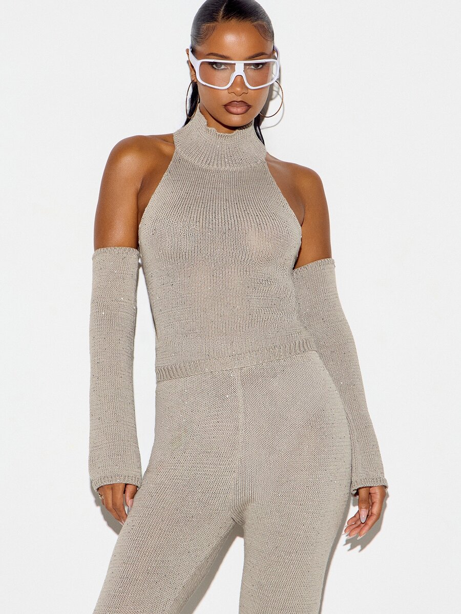 SUMWON WOMEN Atasan Rajut Pendek Kerah Tinggi dengan Bahu Terbuka dan Penghangat Lengan Panjang yang Dapat Dilepas, Sweater Pas Badan dengan Leher Halter - Grey - View 1