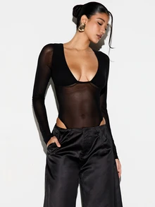 KIZN Deep Plunge Long Sleeve Sheer Mesh Bodysuit - Black - View 4