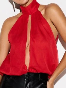 KIZN Halter Neck Chiffon Bodysuit With Cut-Out Detail - Red - View 5