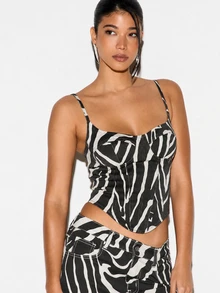 KIZN Zebra Print Sweetheart Neckline Spaghetti Strap Structured Corset Crop Top With Ruching Detail And Side Zipper - Multicolor - View 4