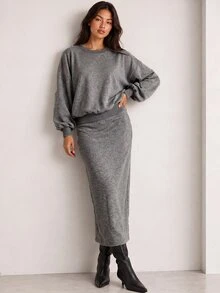 ELLERISSA Dark Grey Marl Round Neck Drop Shoulder Balloon Sleeve Oversized Sweater And Pencil Maxi Skirt 2 Piece Fall Set - Dark Grey - View 5