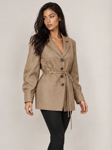 ELLERISSA Brown Notched Lapel Long Sleeve Button Front Belted Blazer Fall - Brown - View 3