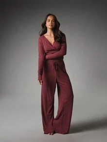 MISSGUIDED Ribbed Knit Wrap Crop Top And Wide Leg Pants Co-Ord Set With Lace Trim V-Neckline And Drawstring Waist - Red - View 1