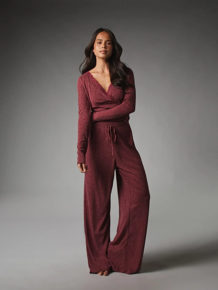 MISSGUIDED Ribbed Knit Wrap Crop Top And Wide Leg Pants Co-Ord Set With Lace Trim V-Neckline And Drawstring Waist - Red - View 1