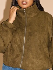 FASHION SZN Plus Size Premium Suedette Smart Bomber Jacket Loose Fit Plus Size Fall Autumn Winter New Season Faux Suede Smart Classy Elegant Winter Coat Jacket Plus Size Curve Wear Everyday Wear To Work - Army Green - View 5