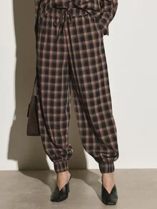 KSTM Plaid Co-Ord Set Oversized Button-Up Collared Shirt And Tapered Jogger Pants With Elastic Ankles And Drawstring Waist - Multicolor - View 4