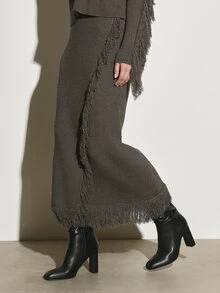 KSTM Ribbed Knit Maxi Pencil Skirt With Fringe Trim Detail Wrap Front Overlay High Rise Bodycon Midi Length Everyday Casual Skirt - Dark Grey - View 6