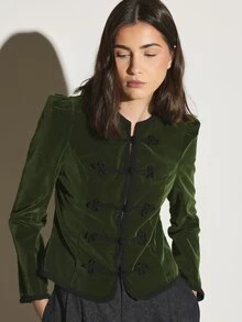 KSTM Velvet Military Jacket With Frog Closures Black Braid Trim Ruffle Shoulders And Fitted Silhouette For Evening Occasions Party - Army Green - View 5
