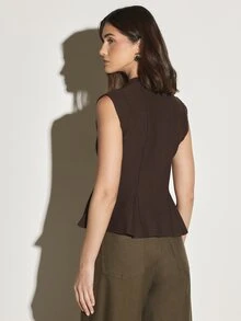 KSTM Structured Peplum Blouse With V-Neck Button Front Closure Fitted Bodice Flared Hem Sleeveless Woven Top - Chocolate Brown - View 2