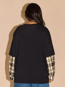 FASHION SZN Plus Size Cotton T-Shirt With Plaid Sleeve Double Later Top 2 In 1 Tee Trending Check Casual Preppy Transitional Dressing Autumn Winter Style Fall Fashion For Women Curve Long Sleeve Top Elevated Basic Top - Black - View 2