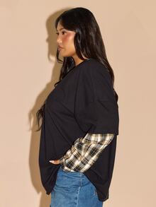 FASHION SZN Plus Size Cotton T-Shirt With Plaid Sleeve Double Later Top 2 In 1 Tee Trending Check Casual Preppy Transitional Dressing Autumn Winter Style Fall Fashion For Women Curve Long Sleeve Top Elevated Basic Top - Black - View 5