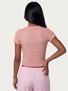 MISSGUIDED TEEN Ribbed Crop Slim Fit Tee With Rhinestone Angel Script Front And Crystal Wing Embellishment Back, Crew Neck, Short Sleeve - Pink - View 2
