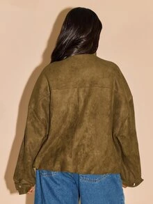 FASHION SZN Plus Size Premium Suedette Smart Bomber Jacket Loose Fit Plus Size Fall Autumn Winter New Season Faux Suede Smart Classy Elegant Winter Coat Jacket Plus Size Curve Wear Everyday Wear To Work - Army Green - View 2