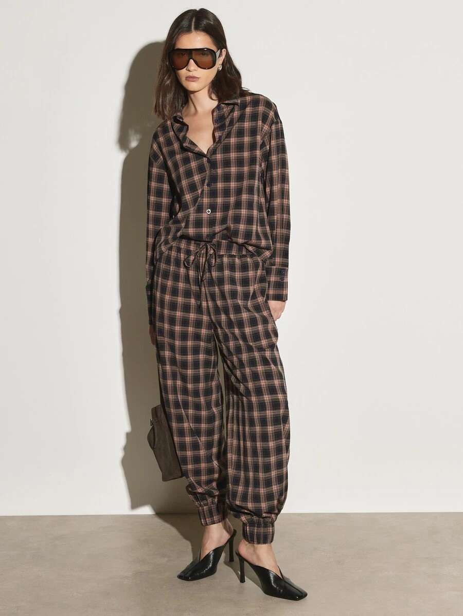 KSTM Plaid Co-Ord Set Oversized Button-Up Collared Shirt And Tapered Jogger Pants With Elastic Ankles And Drawstring Waist - Multicolor - View 1