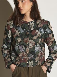 KSTM Floral Tapestry Jacket With Gold Button Closure Round Neckline Long Sleeves Hip Length Collarless Structured Fit - Multicolor - View 1