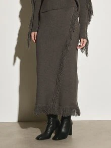 KSTM Ribbed Knit Maxi Pencil Skirt With Fringe Trim Detail Wrap Front Overlay High Rise Bodycon Midi Length Everyday Casual Skirt - Dark Grey - View 2