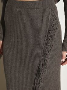 KSTM Ribbed Knit Maxi Pencil Skirt With Fringe Trim Detail Wrap Front Overlay High Rise Bodycon Midi Length Everyday Casual Skirt - Dark Grey - View 7