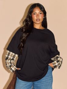 FASHION SZN Plus Size Cotton T-Shirt With Plaid Sleeve Double Later Top 2 In 1 Tee Trending Check Casual Preppy Transitional Dressing Autumn Winter Style Fall Fashion For Women Curve Long Sleeve Top Elevated Basic Top - Black - View 1