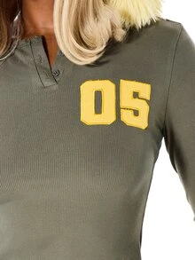SUMWON Ribbed Knit Crop Top With Varsity Numeric 05 Applique Chest Print Notch Neck Long Sleeve Fitted Casual Streetwear Top - Army Green - View 6