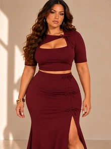 OverBlushhh Plus Size Burgundy Crop Top, Cut Out Keyhole Front With Bow Knot, Asymmetric Neckline, Short Sleeve Fitted Stretchy Top, Elegant, Going Out, Fall - Burgundy - View 1