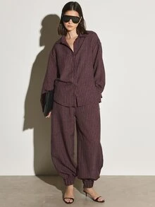 KSTM Pinstripe Co-Ord Set Oversized Button-Up Collared Shirt And Tapered Jogger Pants Two Pieces Matching Lounge Outfit - Burgundy - View 2