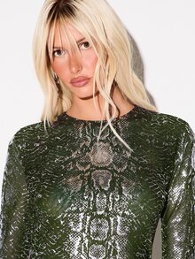 KIZN Long Sleeve Snake Print Mini Dress With Crew Neckline Body-Con Silhouette Metallic Shimmer Scale Pattern Night Out Party - Green - View 4