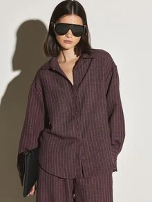 KSTM Pinstripe Co-Ord Set Oversized Button-Up Collared Shirt And Tapered Jogger Pants Two Pieces Matching Lounge Outfit - Burgundy - View 4