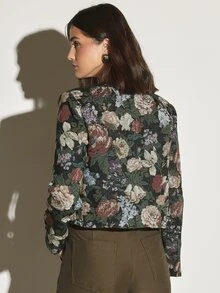 KSTM Floral Tapestry Jacket With Gold Button Closure Round Neckline Long Sleeves Hip Length Collarless Structured Fit - Multicolor - View 2