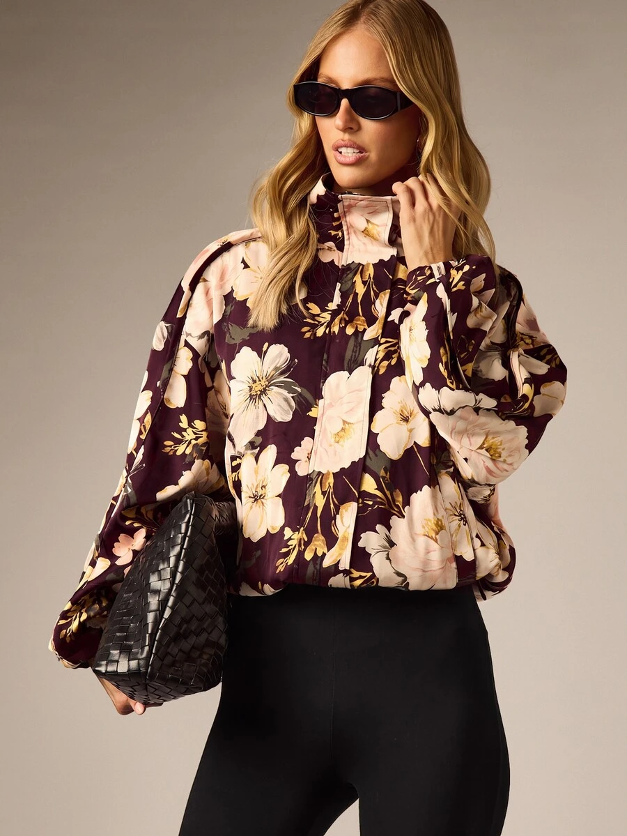 AiiRZ Floral Print Mock Neck Blouse With Balloon Sleeves And Elasticated Cuffs In Bold All-Over Botanical Pattern - Burgundy - View 1