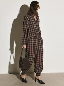 KSTM Plaid Co-Ord Set Oversized Button-Up Collared Shirt And Tapered Jogger Pants With Elastic Ankles And Drawstring Waist - Multicolor - View 5