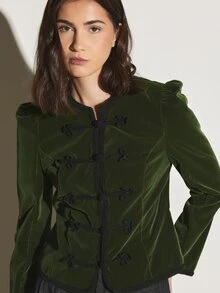 KSTM Velvet Military Jacket With Frog Closures Black Braid Trim Ruffle Shoulders And Fitted Silhouette For Evening Occasions Party - Army Green - View 1