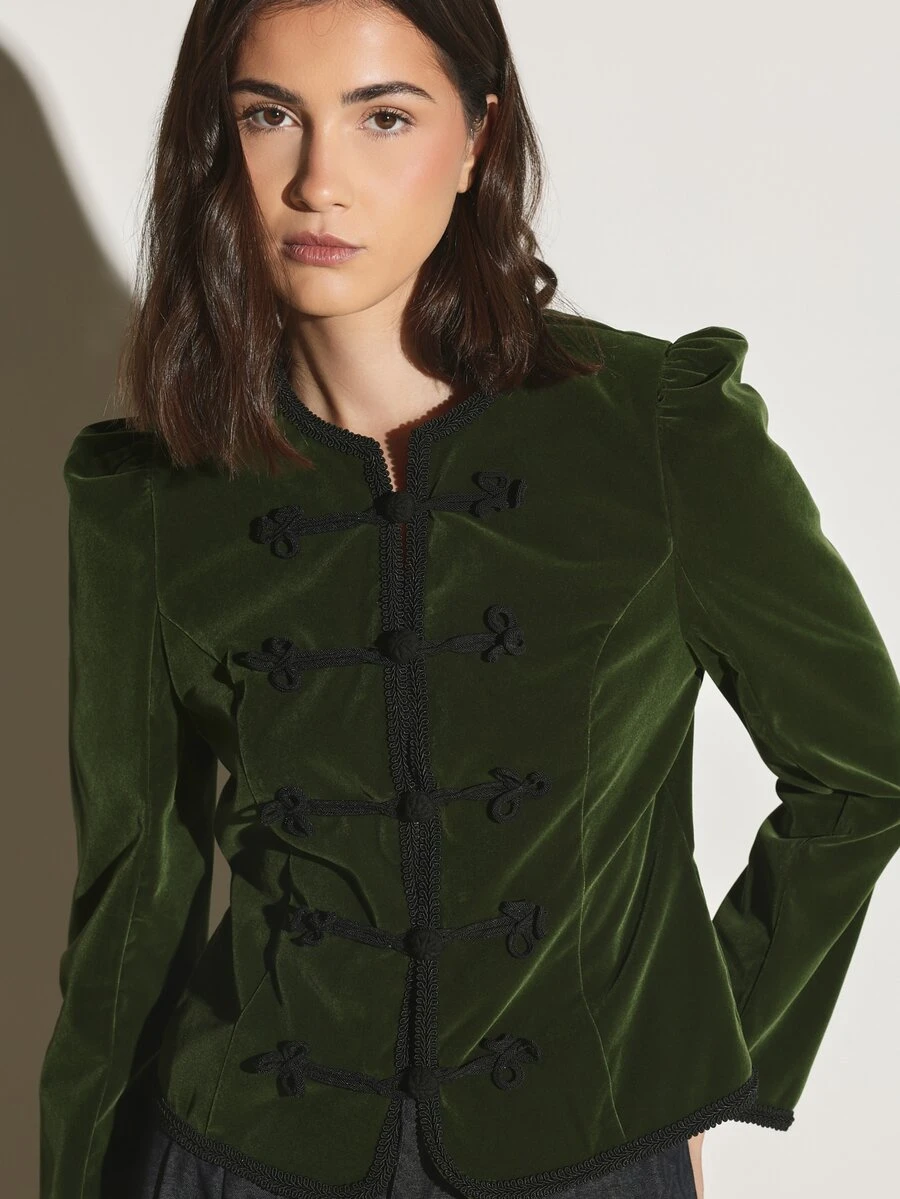 KSTM Velvet Military Jacket With Frog Closures Black Braid Trim Ruffle Shoulders And Fitted Silhouette For Evening Occasions Party - Army Green - View 1