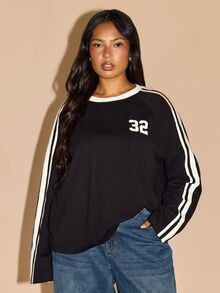 FASHION SZN PLUS SIZE SIDE STRIPE DETAIL LONG SLEEVE TOP - Black - View 1