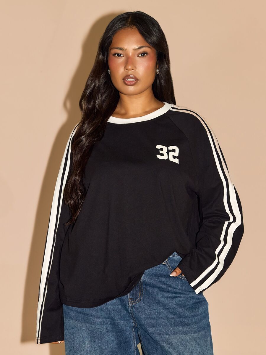 FASHION SZN PLUS SIZE SIDE STRIPE DETAIL LONG SLEEVE TOP - Black - View 1