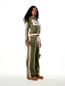 SUMWON Varsity Numeric 82 Star Intarsia Knit Crop Zip-Up Jacket With Stripe Sleeves Cargo Pockets And Pink Contrast Ribbed Trim - Green - View 6