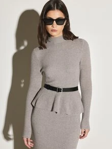 KSTM Ribbed Knit Peplum Top With High Neck Long Sleeves And Ruffle Hem Detail For Everyday Chic Layered Look - Khaki - View 1