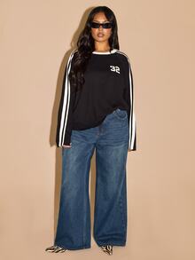 FASHION SZN PLUS SIZE SIDE STRIPE DETAIL LONG SLEEVE TOP - Black - View 6