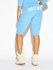 SUMWON Chicago State Athletic USA Flag High Rise Cycling Shorts With Below Knee Length And Bum Print In Solid Light Blue - Blue - View 2