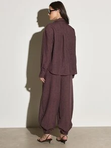KSTM Pinstripe Co-Ord Set Oversized Button-Up Collared Shirt And Tapered Jogger Pants Two Pieces Matching Lounge Outfit - Burgundy - View 3