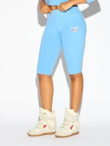 SUMWON Chicago State Athletic USA Flag High Rise Cycling Shorts With Below Knee Length And Bum Print In Solid Light Blue - Blue - View 1