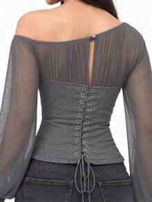 Zerodot Women Grey Asymmetric Shoulder With Sheer Long Sleeves, Ruffle Hem And Ruched Detail Corset Denim Top Casual Daily Fall Winter Layering - Grey - View 5