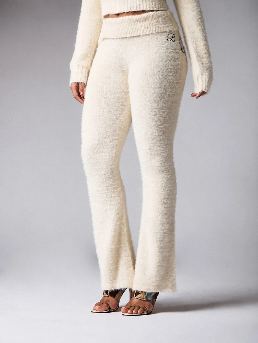 BABYPHAT BF-AG-293 بنطال محبوك ناعم بخصر مطوي وقصة واسعة مع نقشة إنتارسيا - بيج - مشاهدة 1