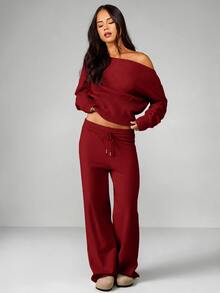 MISSGUIDED Cold Shoulder Cropped Knit Sweater With Ribbed Hem Cuffs And Dolman Sleeves For Casual Everyday Lounge Wear - Burgundy - View 4